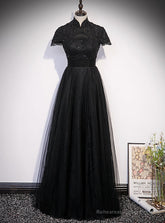 Black Tulle High Neck Cap Sleeve Beading Prom Dress